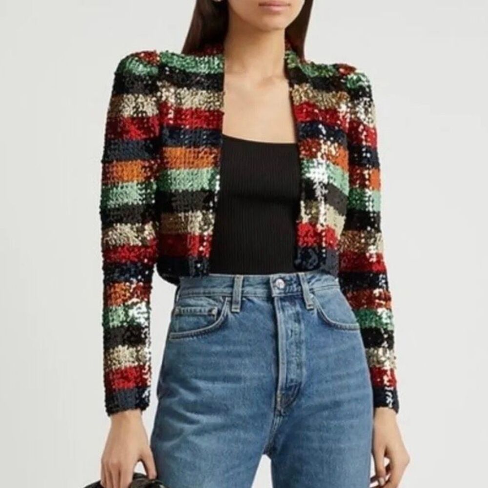 Alice + Olivia Sequin Stripe Open Front Sherryl Cropped Cardigan Bolero Jacket M